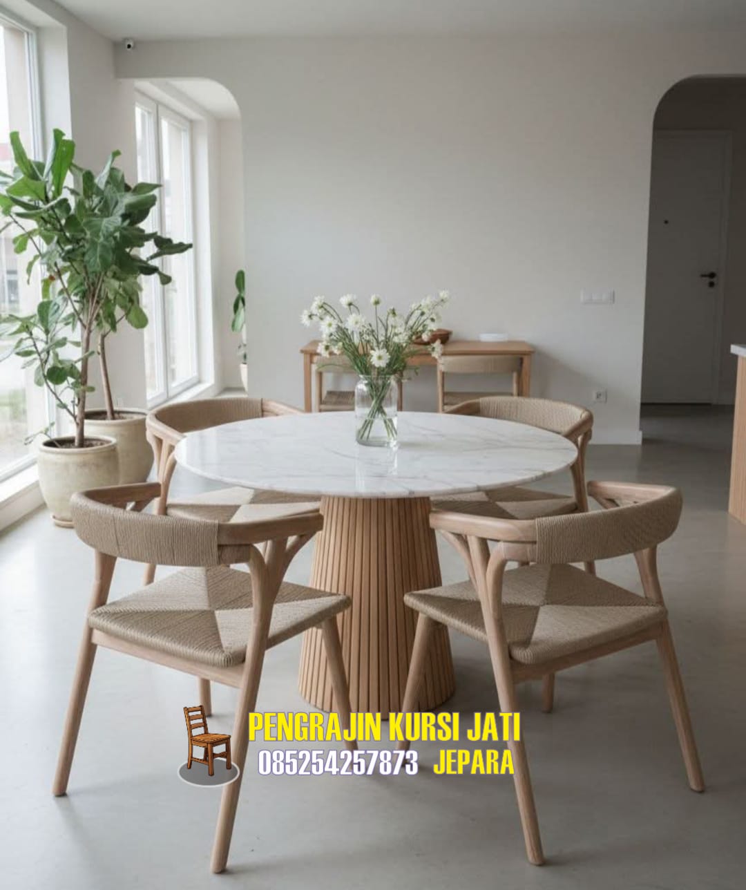 Set Meja Makan Marmer & Kursi Kayu Jati