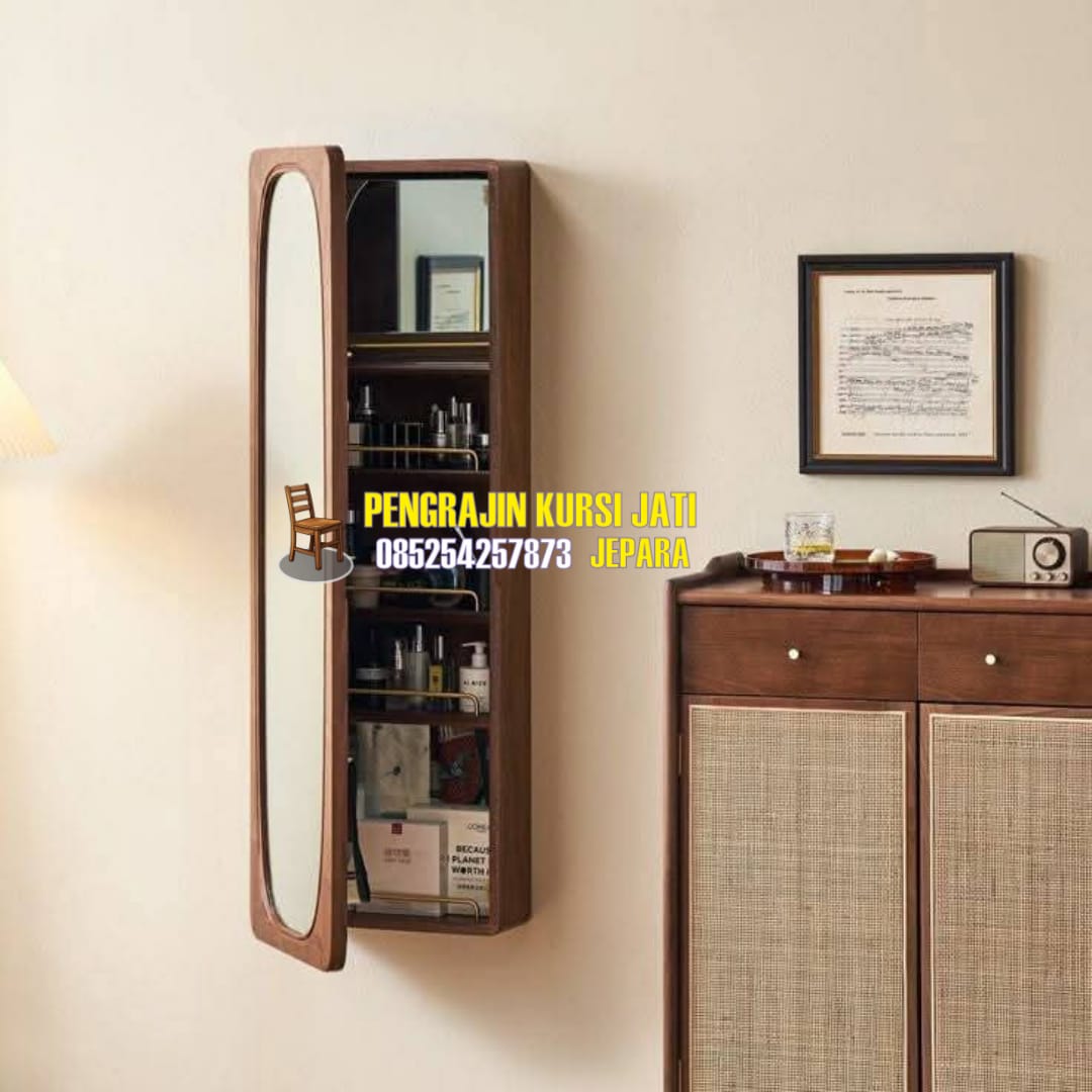Lemari Dinding Kayu Jati Minimalis dengan Cermin