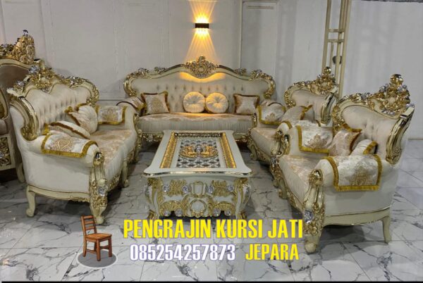 Set Kursi Tamu Ukir Jati – Mewah dengan Finishing Duco White & Gold Prada